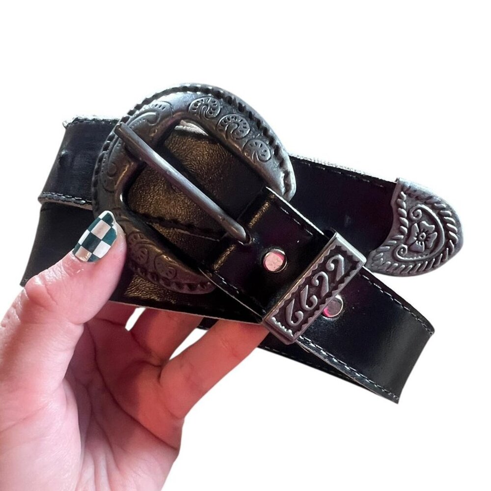 Vintage Black Leather 69 Engraved Silver Buckle